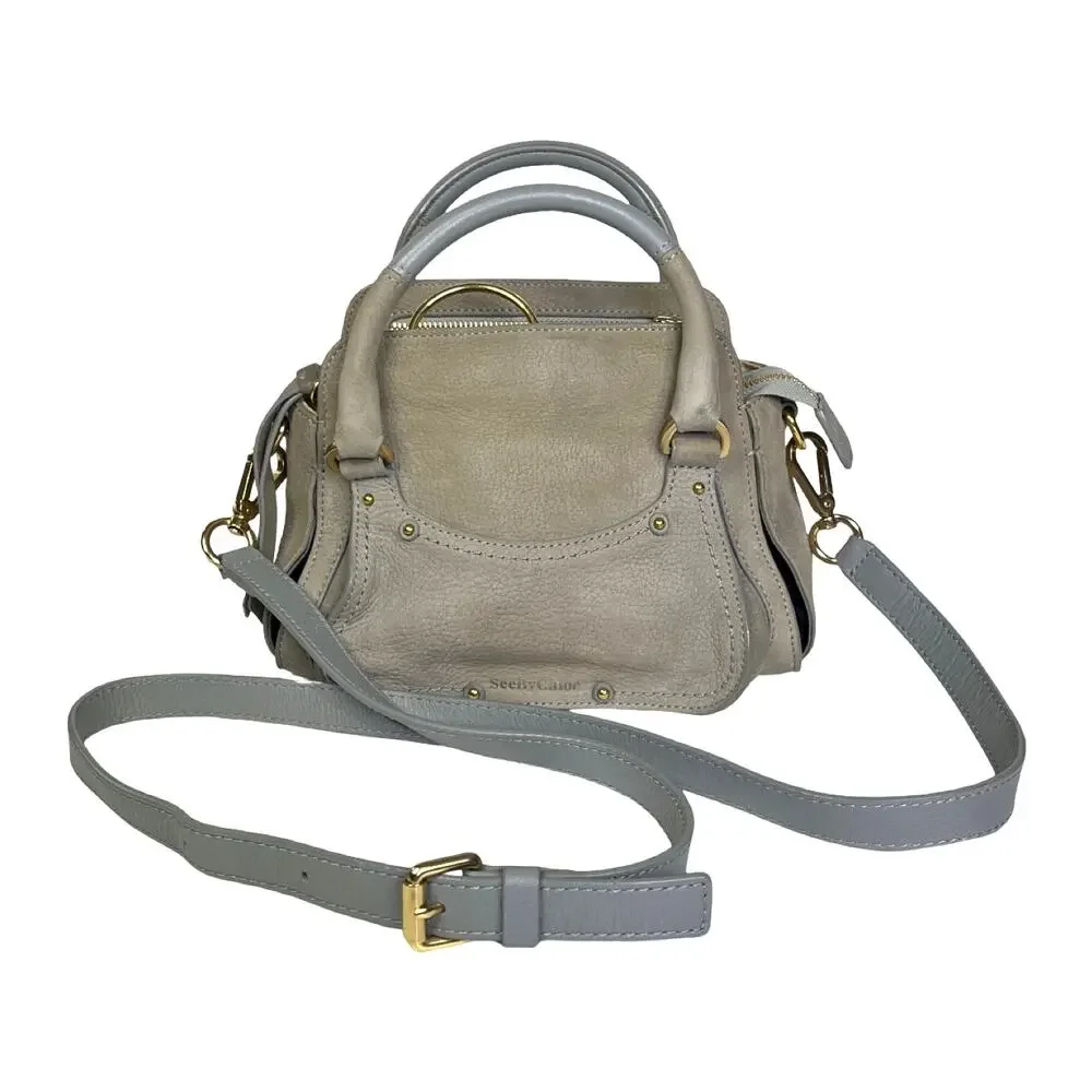 See by Chloé Miya Mini Satchel Crossbody Gray Leather Suede Gold Ring Bag